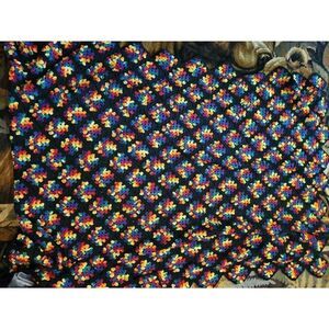 Hand Made Crocheted Blanket Throw Twin Size Rainbow Multicolor